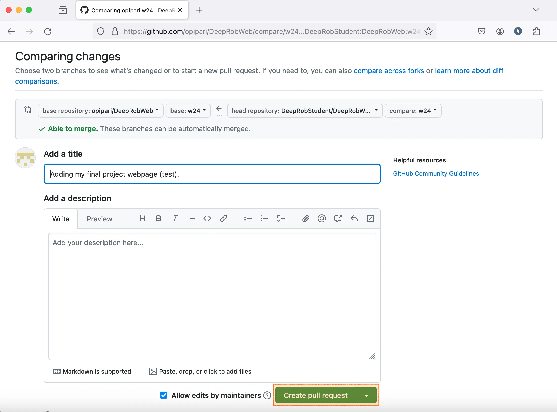 Image of pull request button on github graphic user interface